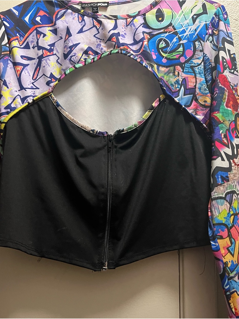 Fashion Nova Multicolor Graffiti Cutout Crop Top w matching pants - Black